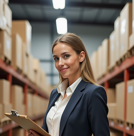 A smiling professional woman in a modern tidy and organized warehouse holding a clipboard with a satisfied expression on her face,