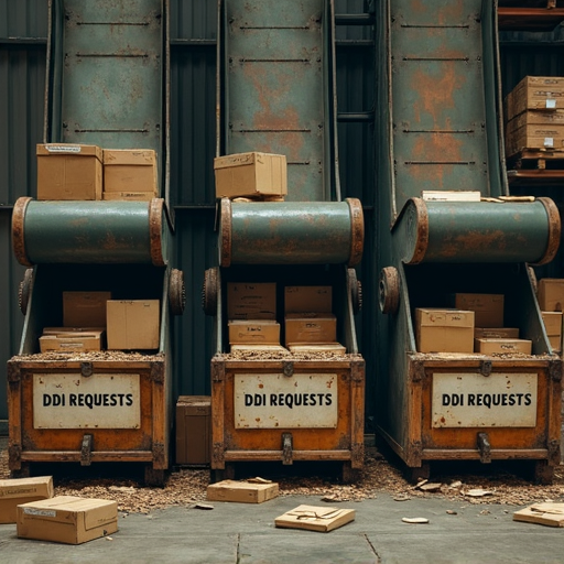 A rusty industrial factory with chutes dropping boxes into overflowing containers labeled: DDI Requests